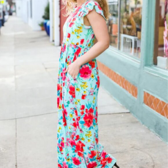 HAPTICS What A Vision Aqua Floral Fit & Flare Maxi Dress SMALL - Picture 3 of 3